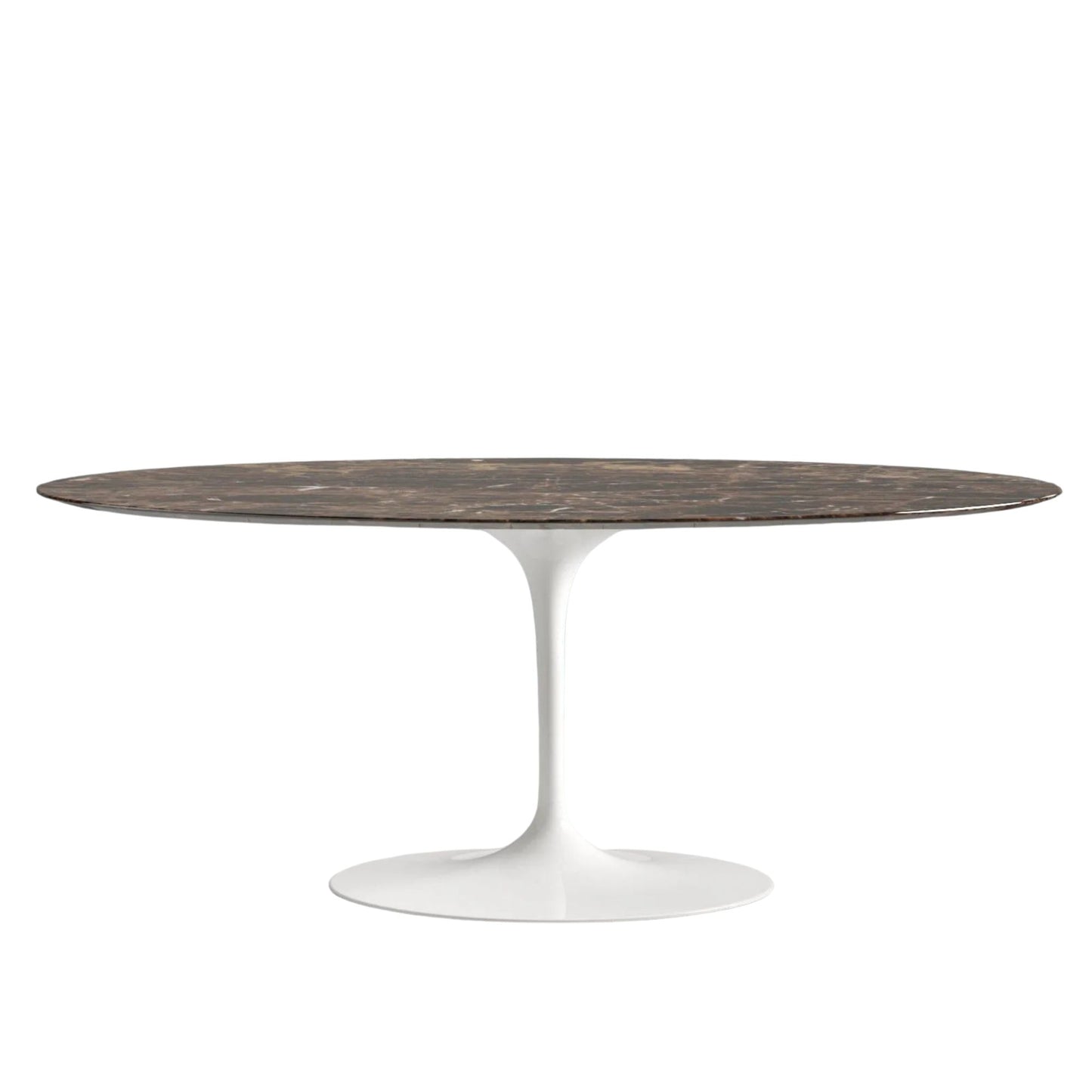Oval dining table with a marble emperador top and white base on a white background
