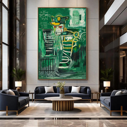 Modern living room with a large abstract painting on the wall