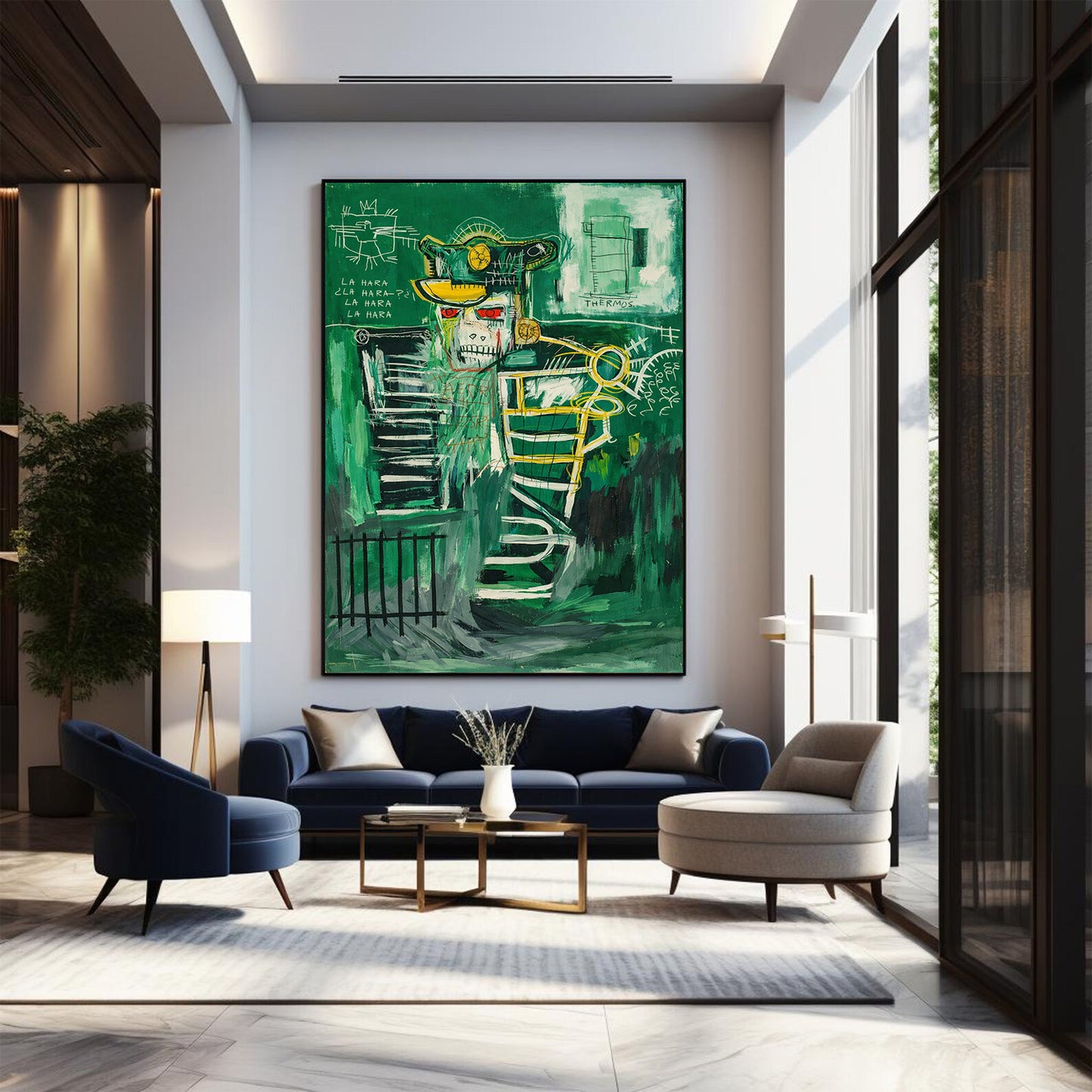 Modern living room with a large abstract painting on the wall