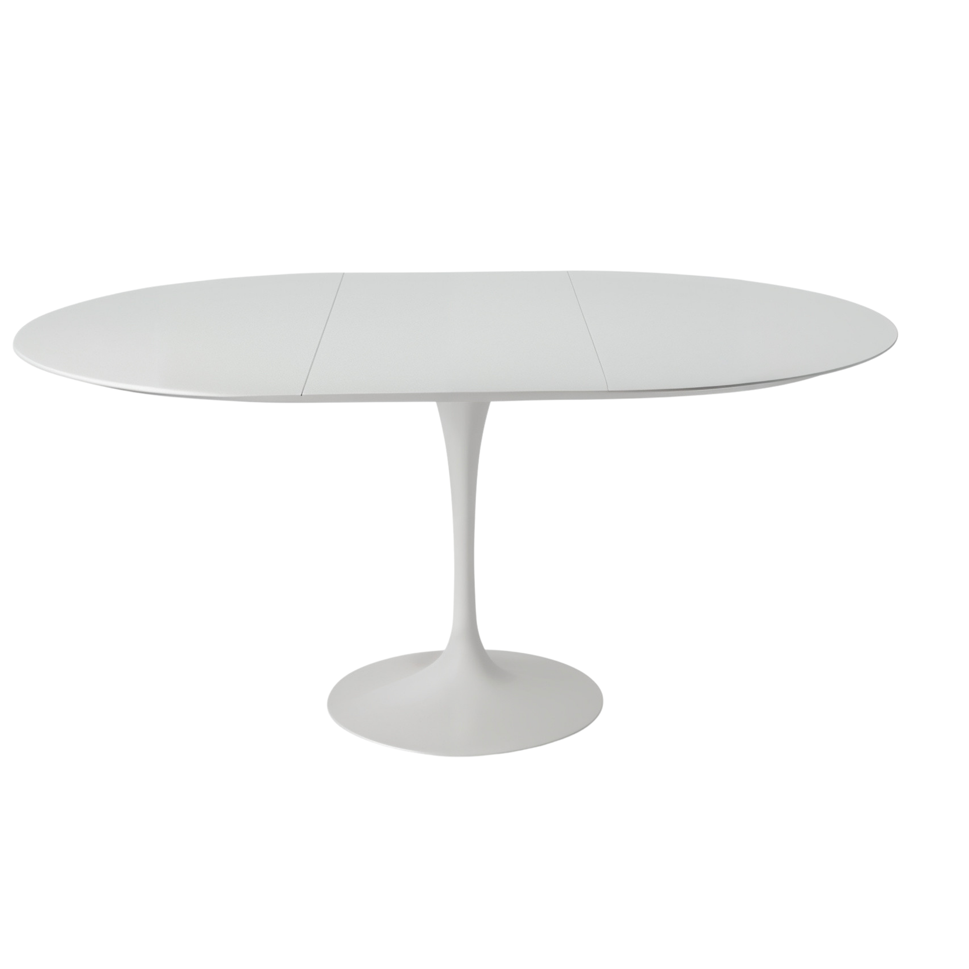 White round dining table with a pedestal base on a white background