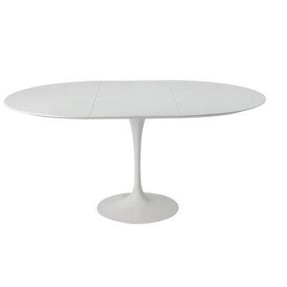White round dining table with a pedestal base on a white background