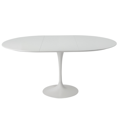 White round dining table with a pedestal base on a white background