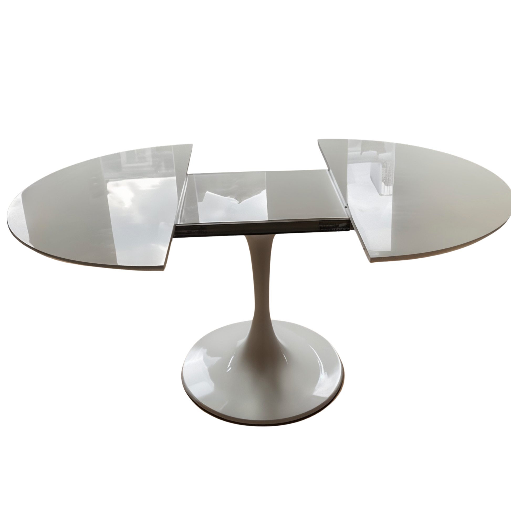 Modern dining table with a white base and glass top on a white background