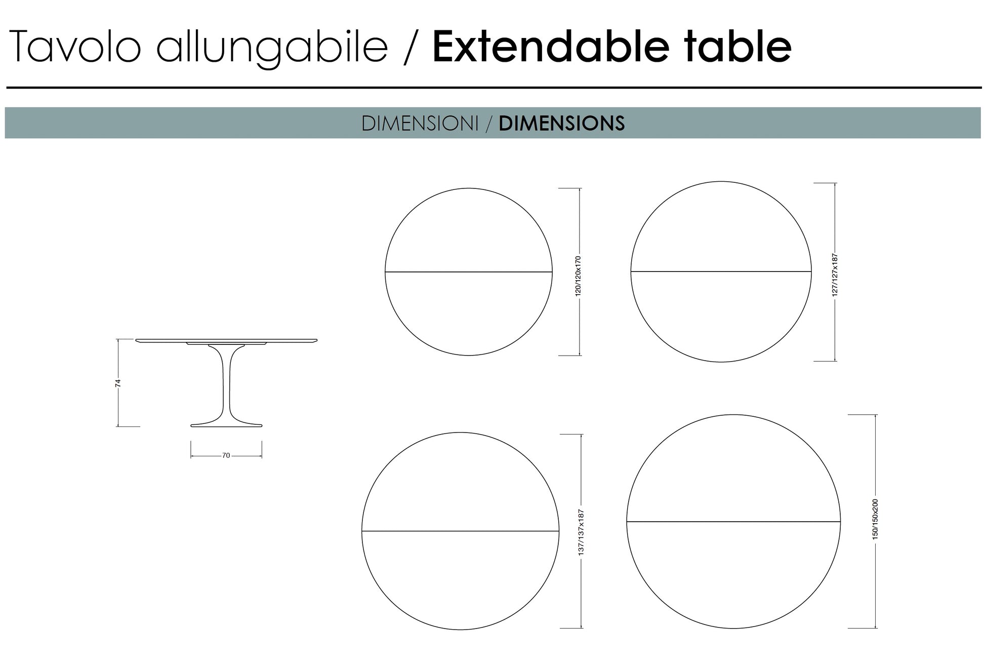 Technical drawing of extending round tulip dining table showing diameters 120, 127, 137 and 150 cm with pedestal base