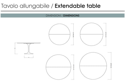 Technical drawing of extending round tulip dining table showing diameters 120, 127, 137 and 150 cm with pedestal base