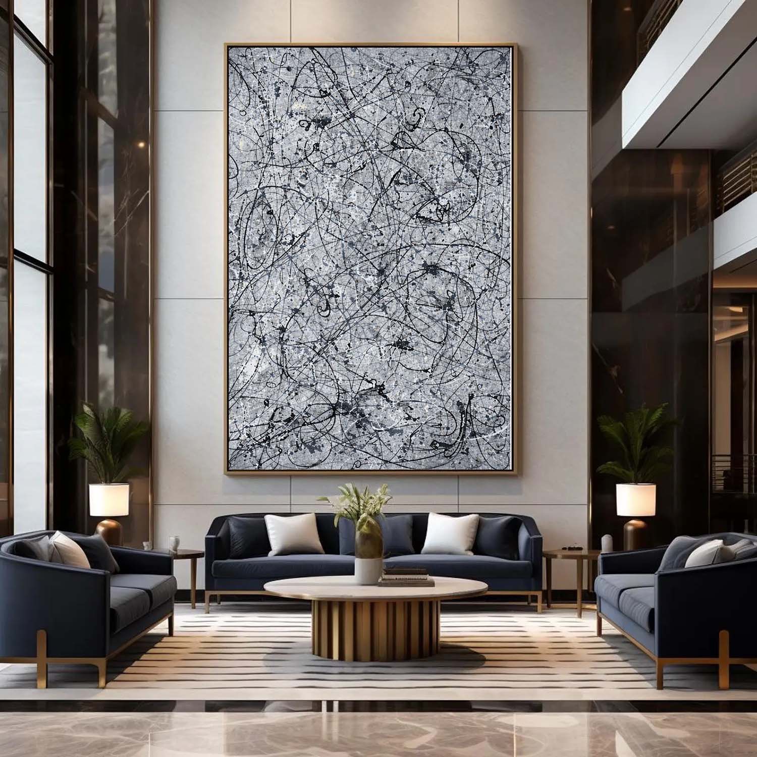 Modern living room with abstract art on the wall