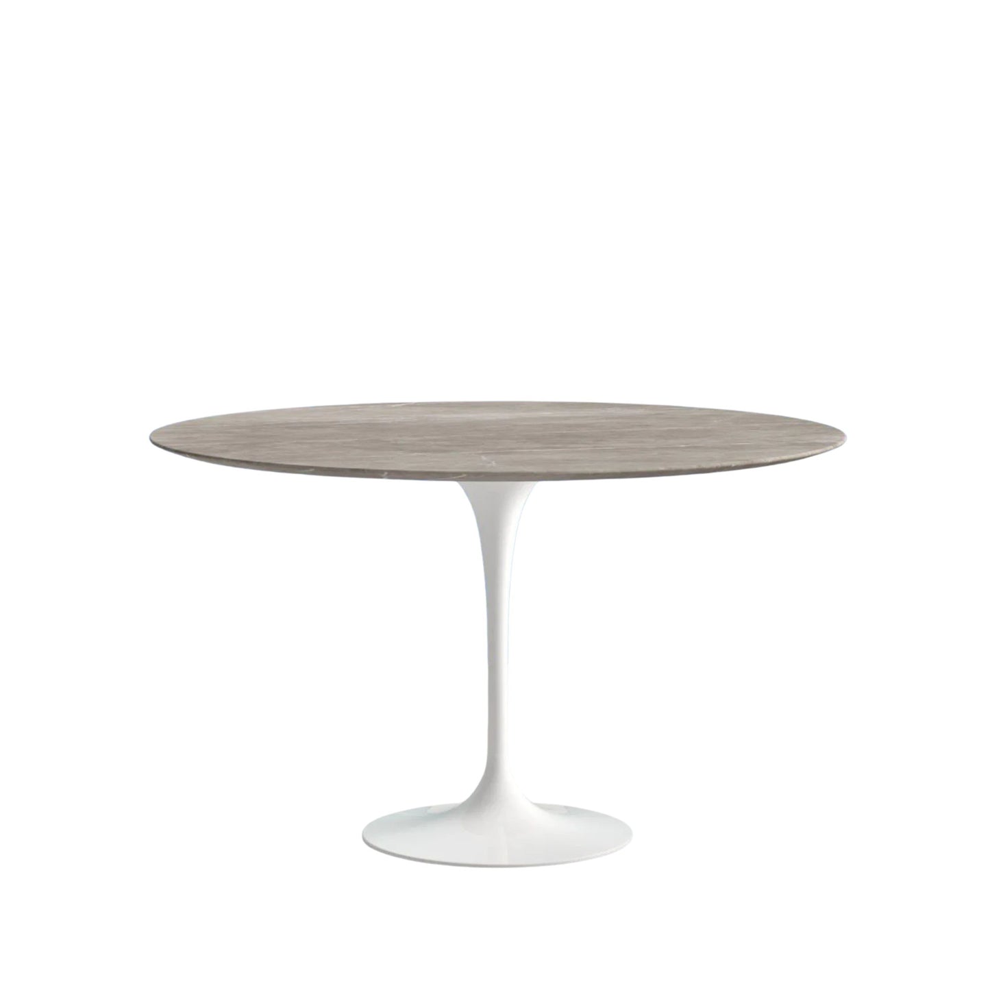 Round dining table with a wooden top and white base on a white background