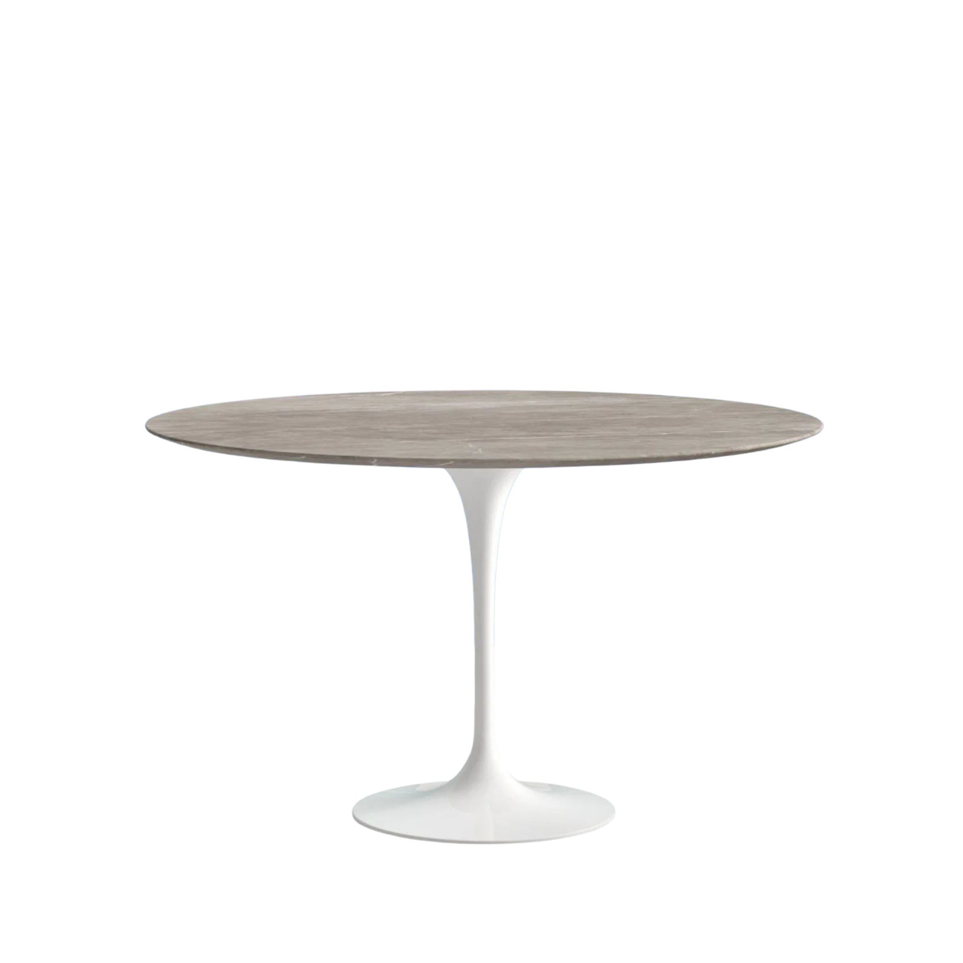 Round dining table with a wooden top and white base on a white background