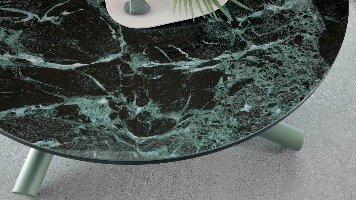 Helios transforming table by Altacom with green marble-effect ceramic top and painted metal base