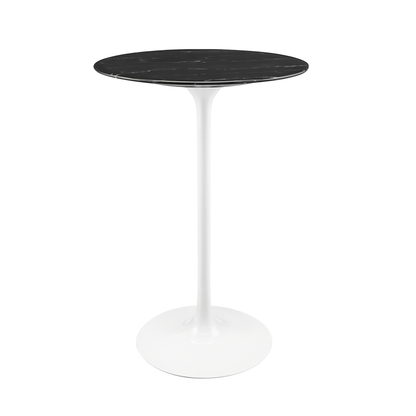 Round black marble table with white base on a white background