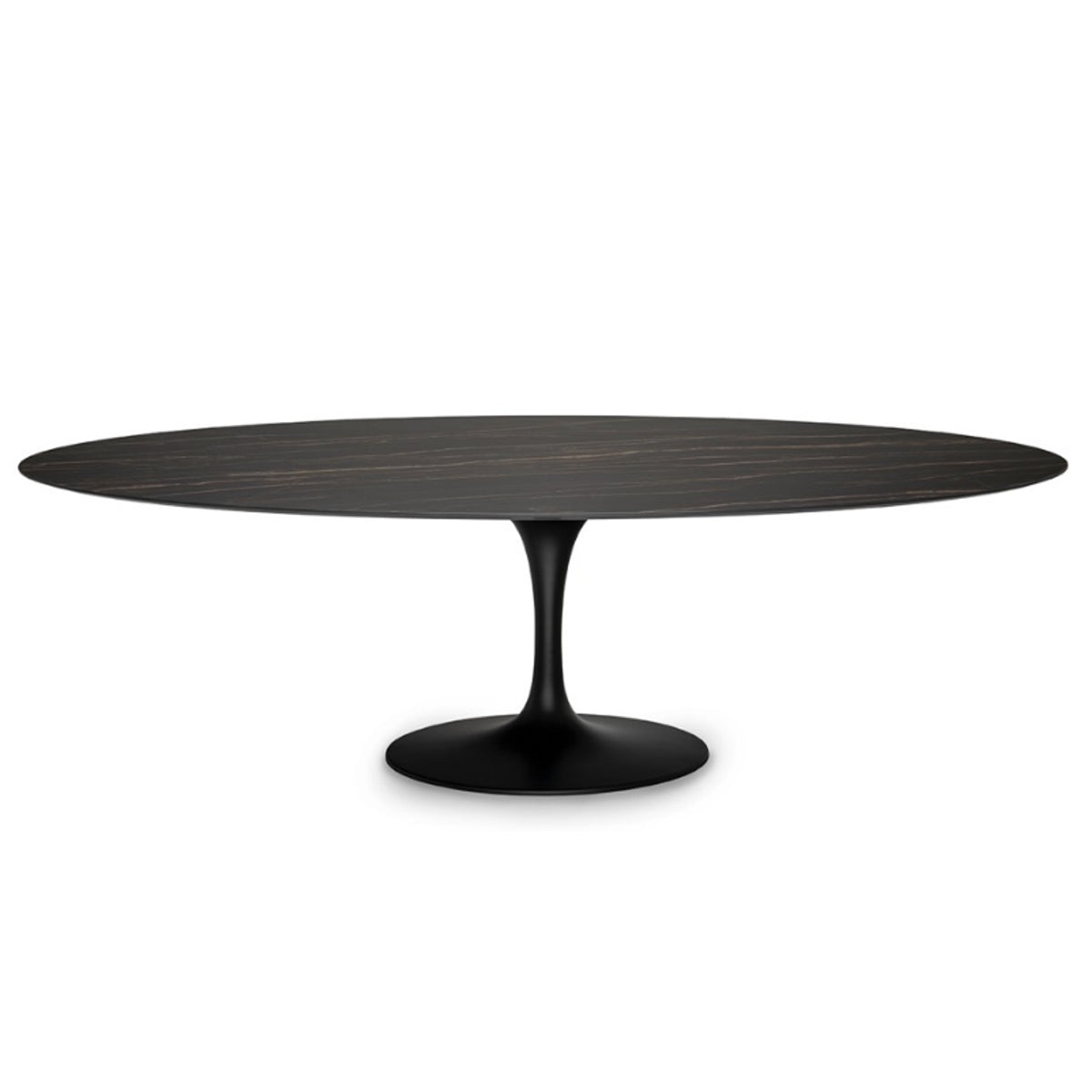 An oval-shaped tulip dining table with a matte black aluminum base and a glossy marble top.