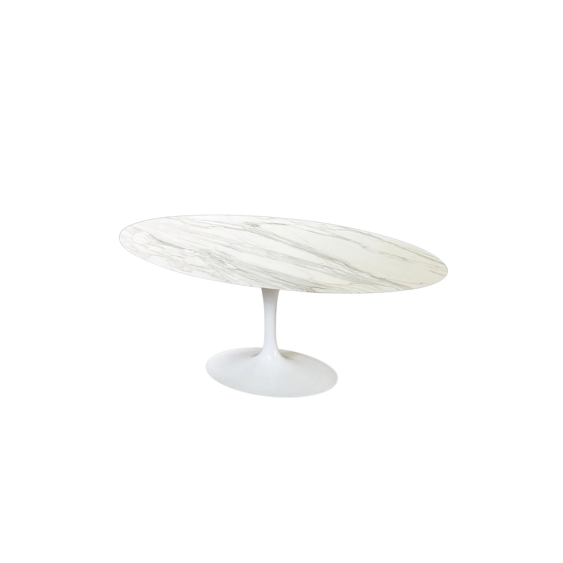 Marble-patterned oval tulip dining table on a white background