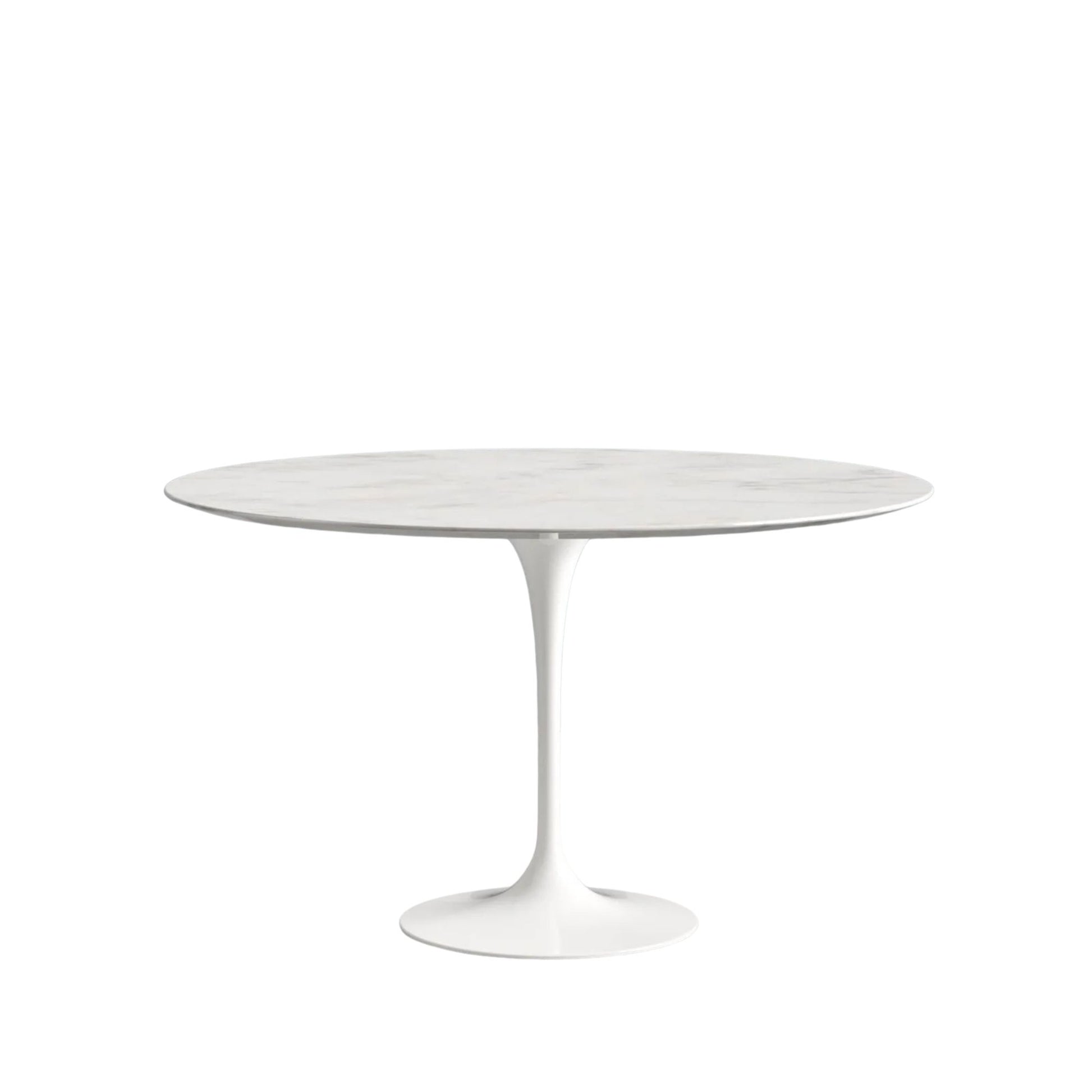 Round white table with a pedestal base on a white background