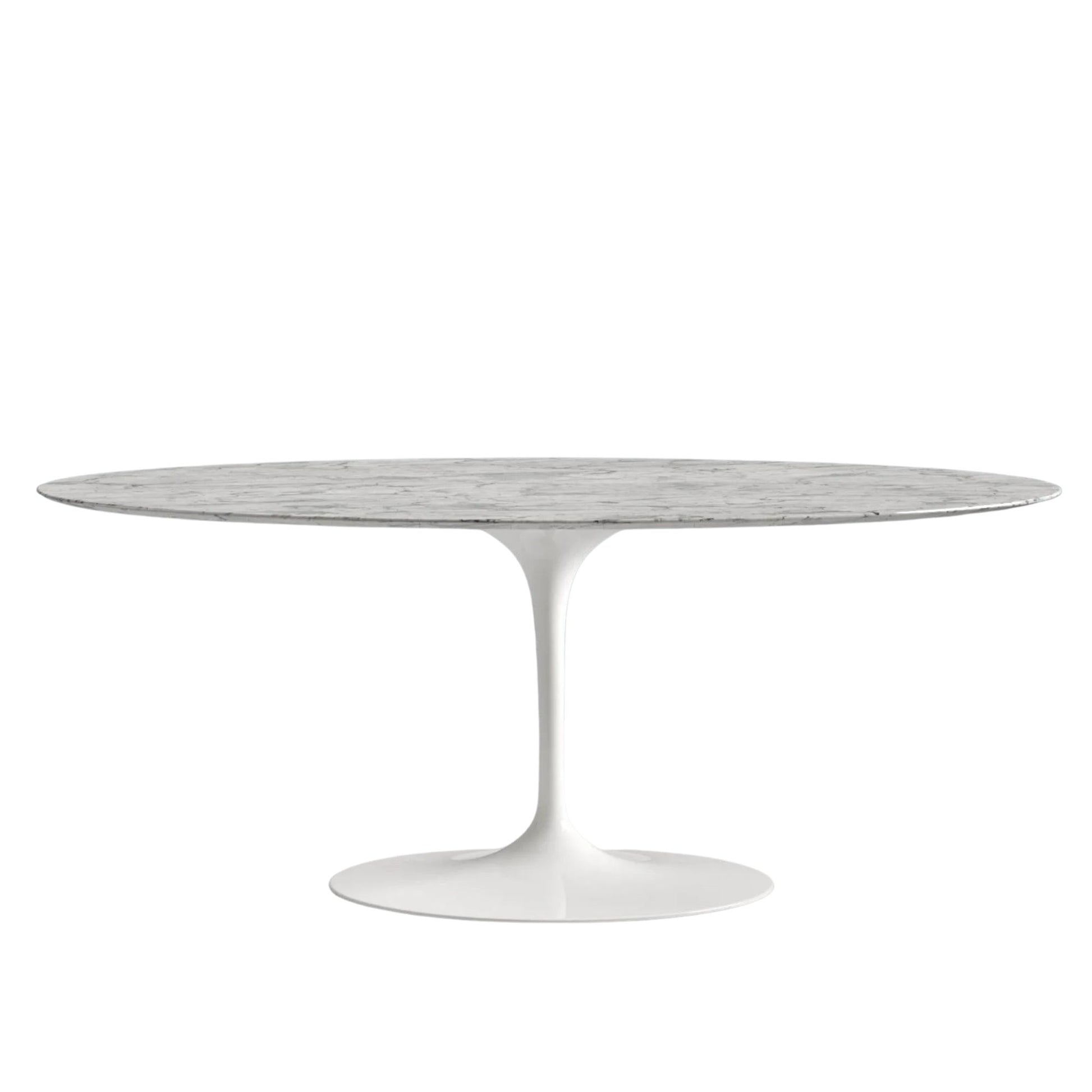 Round marble table with a white base on a white background