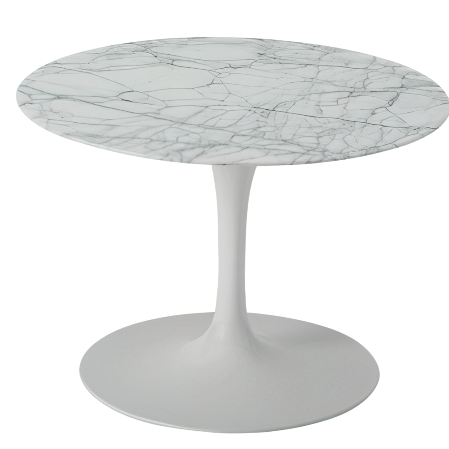 Round marble table with a white base on a white background