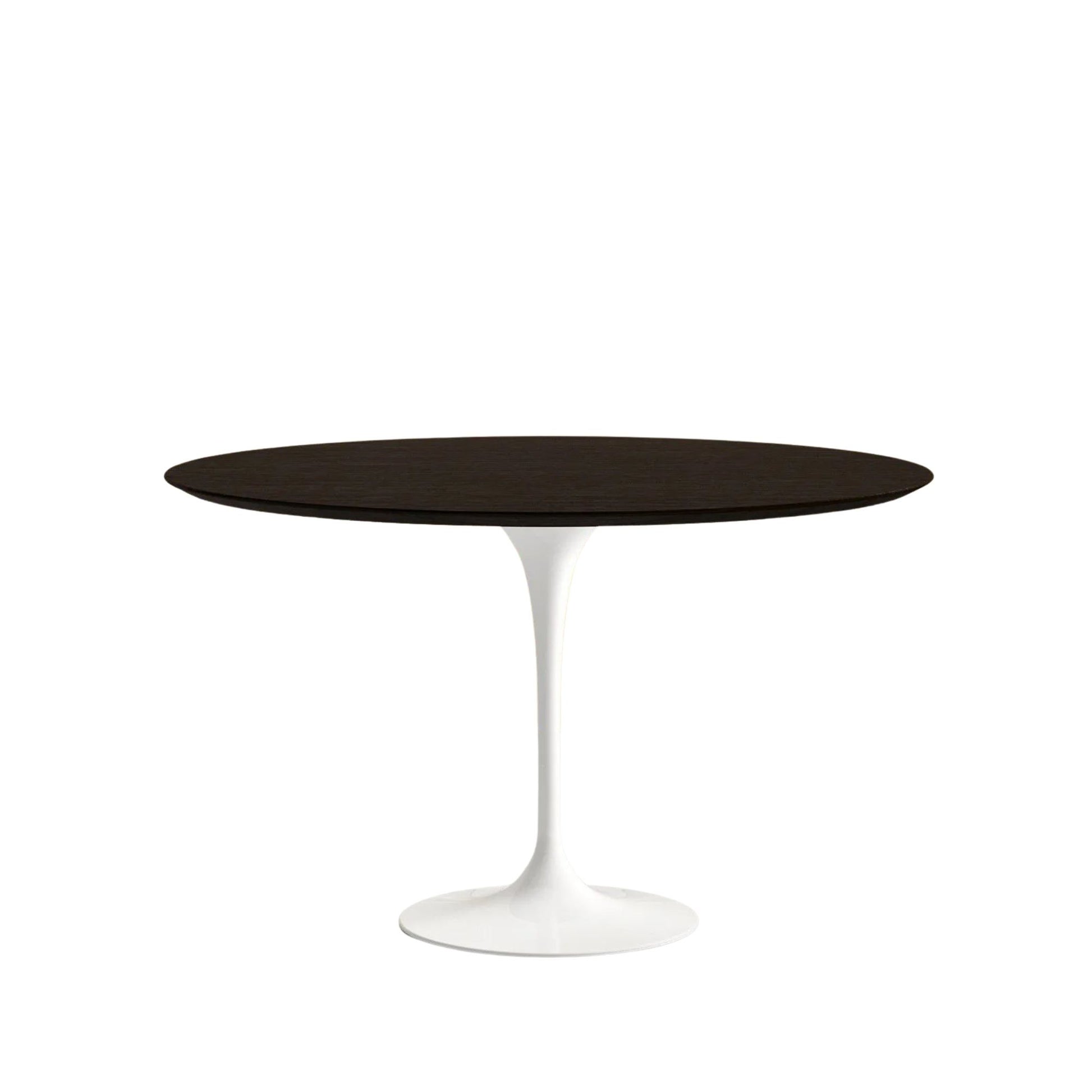 Round table with black top and white base on a white background