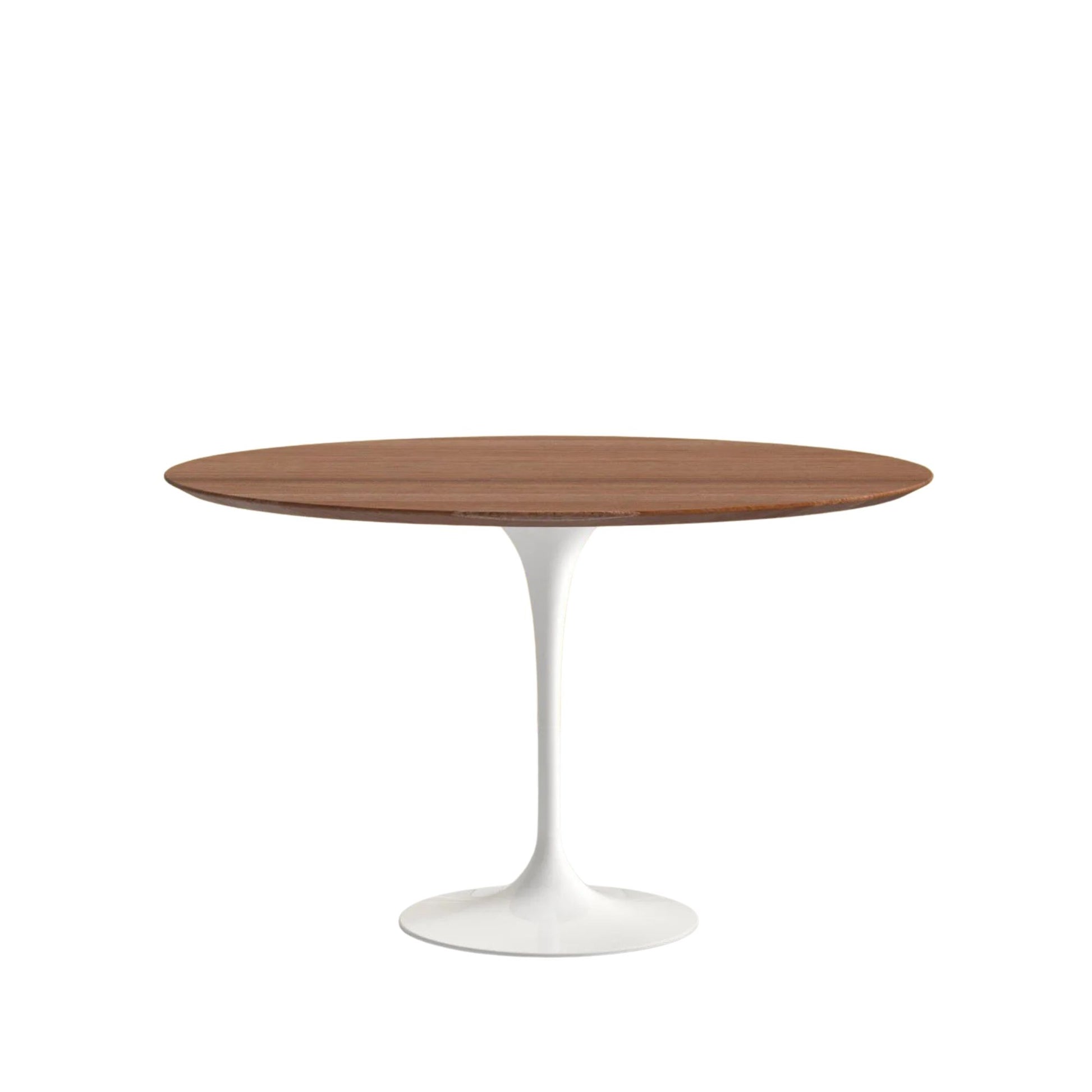 Dining table with wooden top and white base on a white background