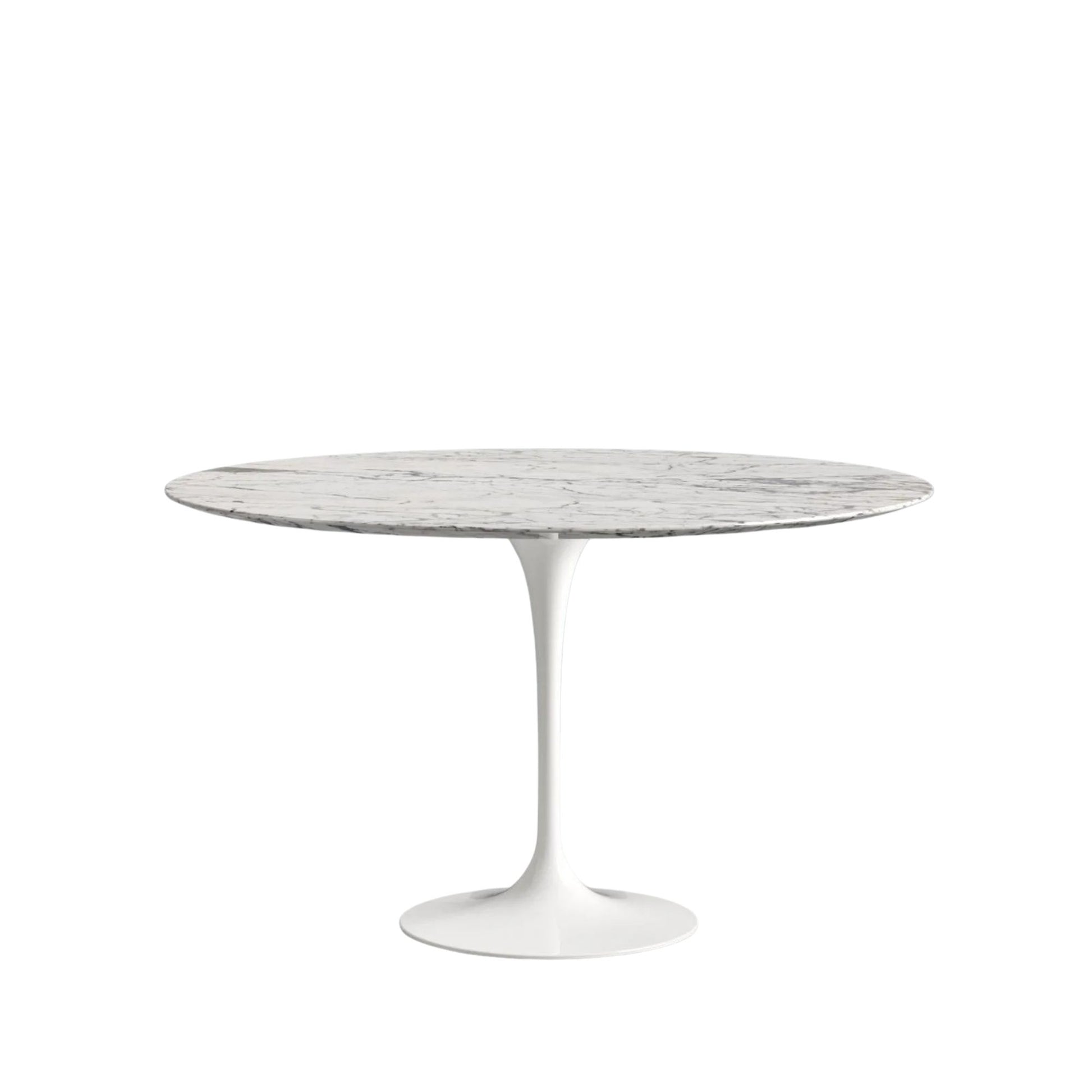 Round marble table with white pedestal base on a white background