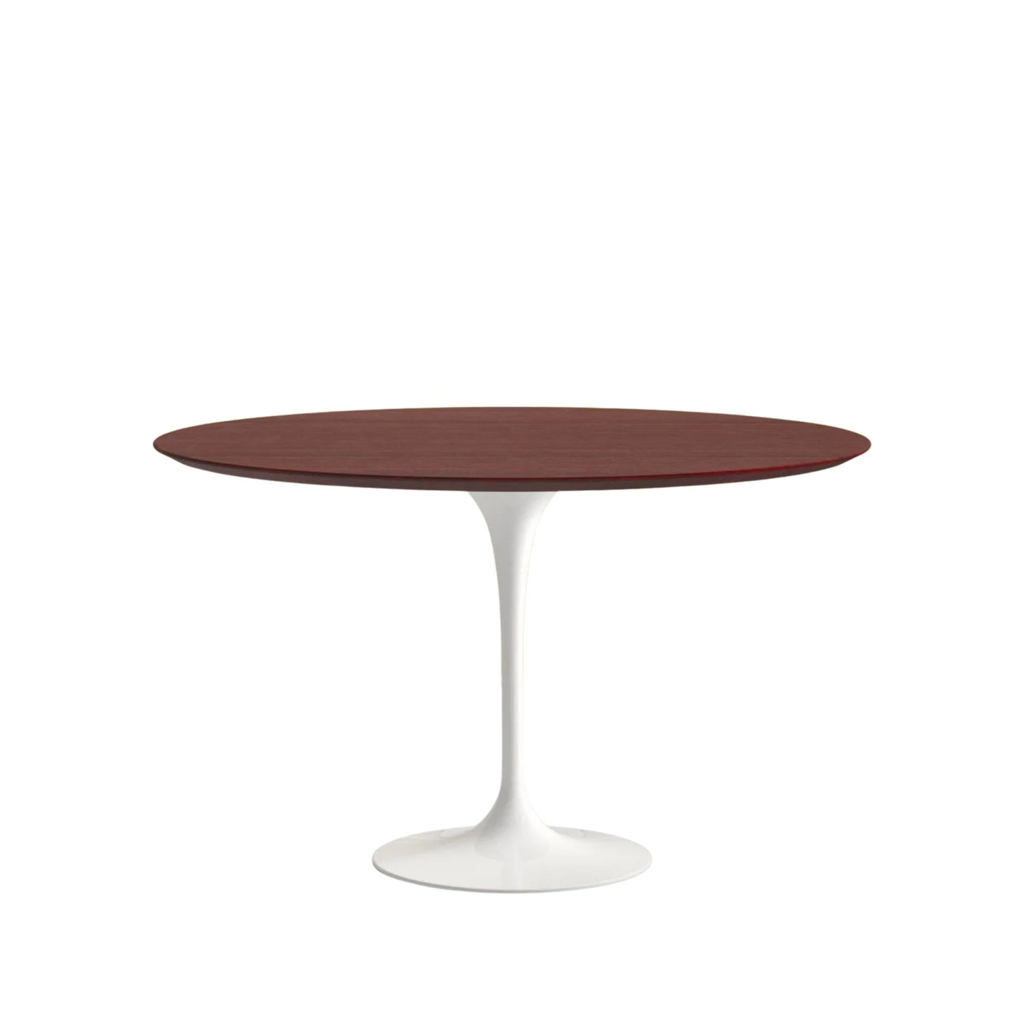 Round table with a dark brown top and white base on a white background