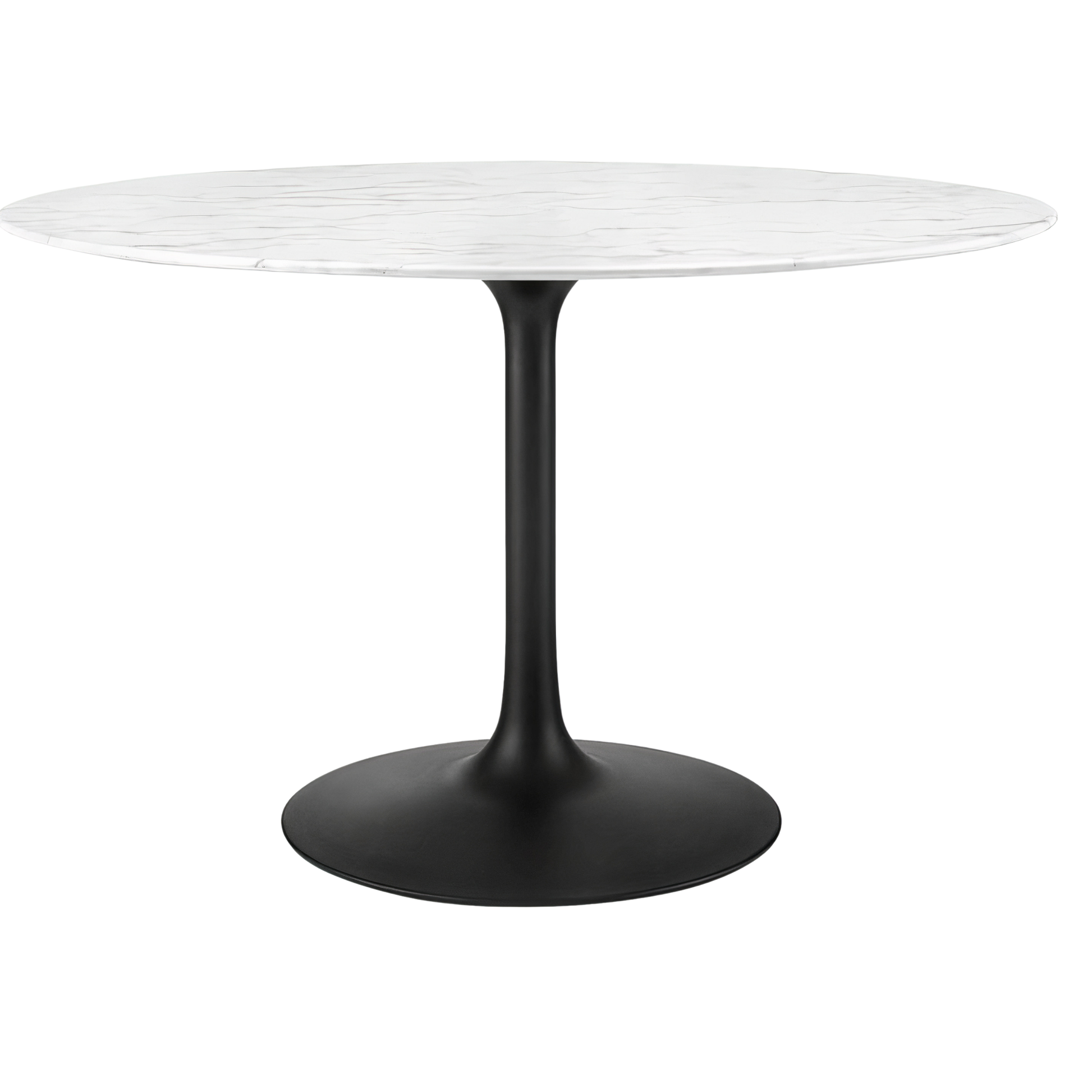 Round table with white marble top and black base on a white background