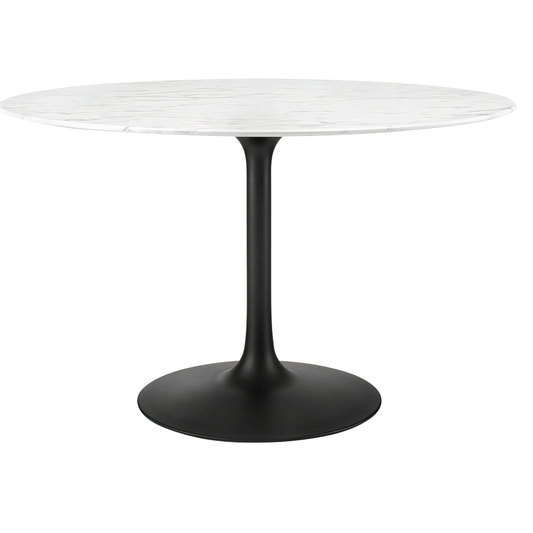 Round table with white marble top and black base on a white background