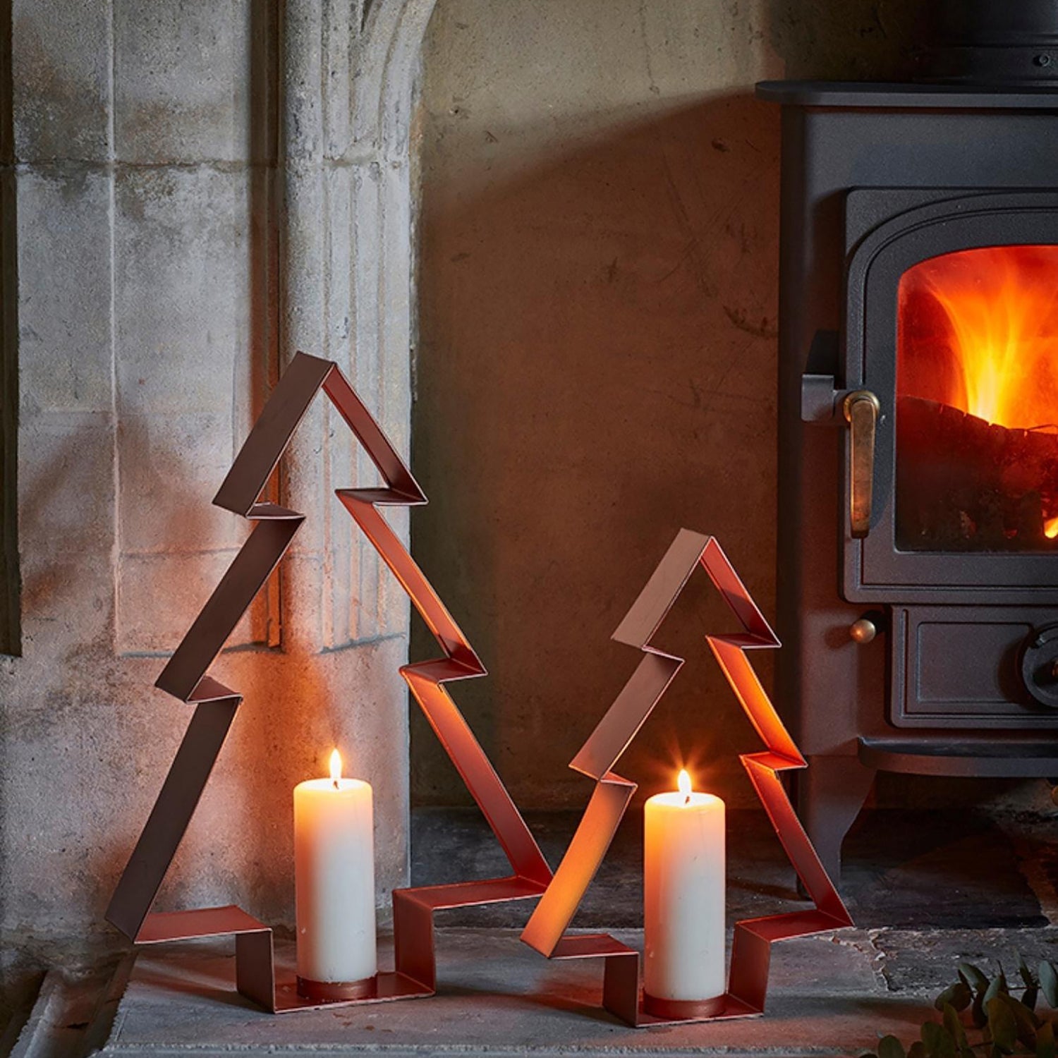 Set of 2 Christmas Tree Pillar Candle Holders