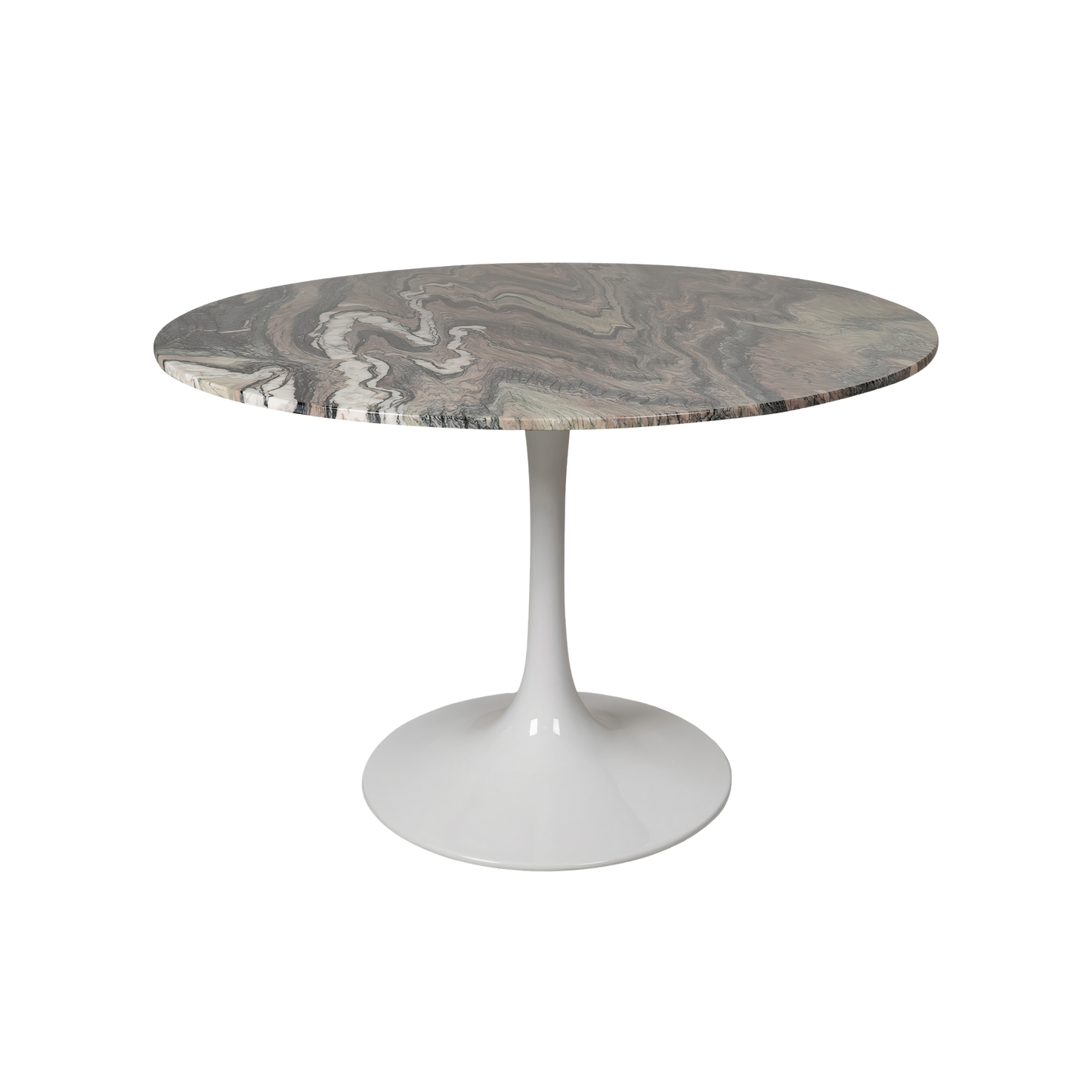 Round marble table with a white base on a white background