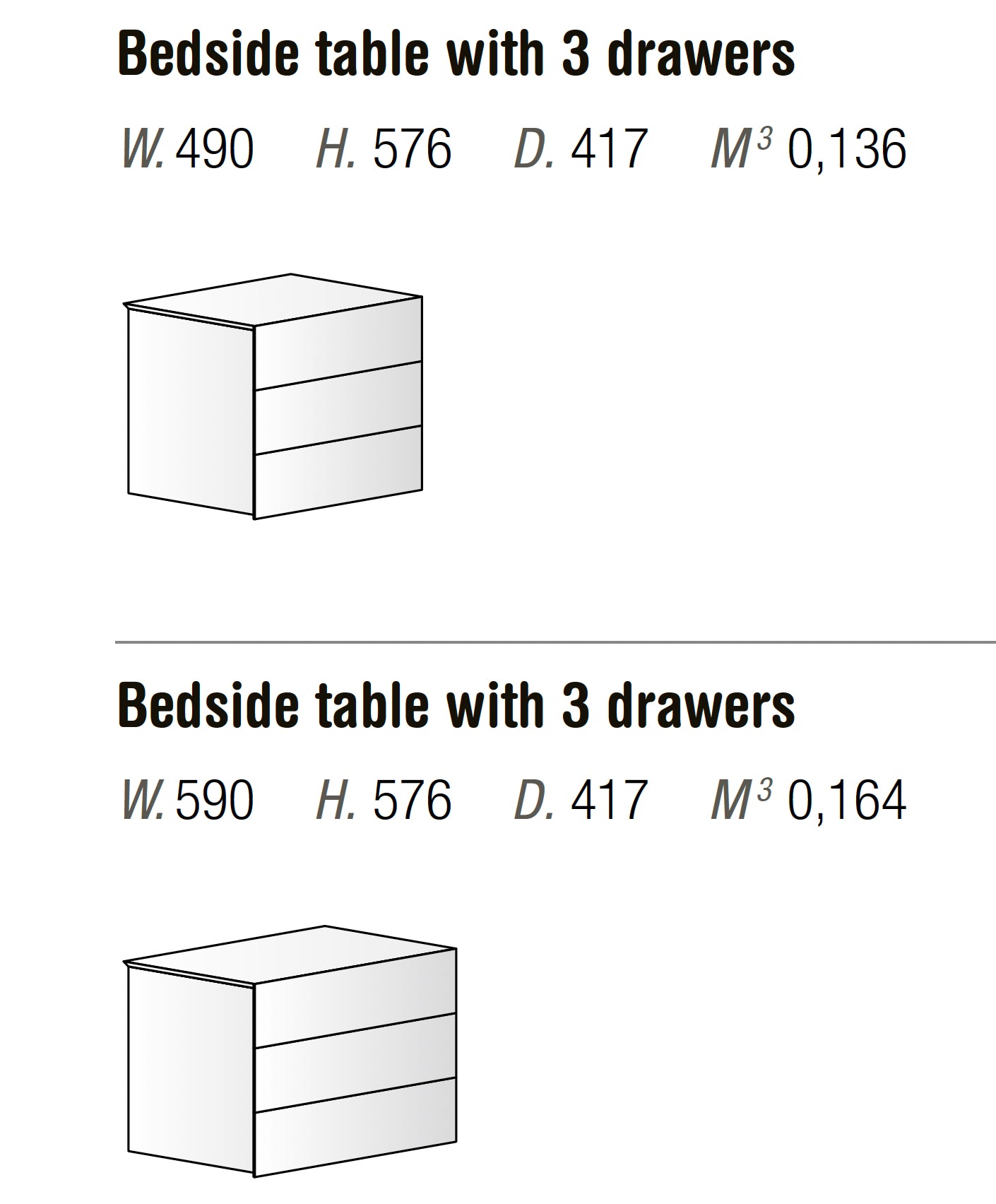 Orme Clip 3-drawer bedside table dimensions, available in 49 cm and 59 cm widths