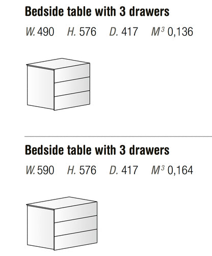 Orme Clip 3-drawer bedside table dimensions, available in 49 cm and 59 cm widths