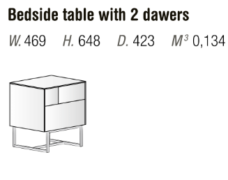 Bedside table with two drawers shown in dimensions on a white background