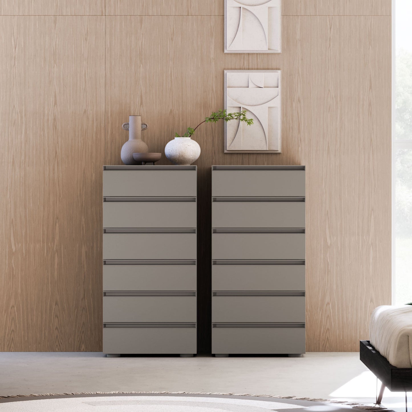 Modern bedroom with a bed, dresser, and large window.