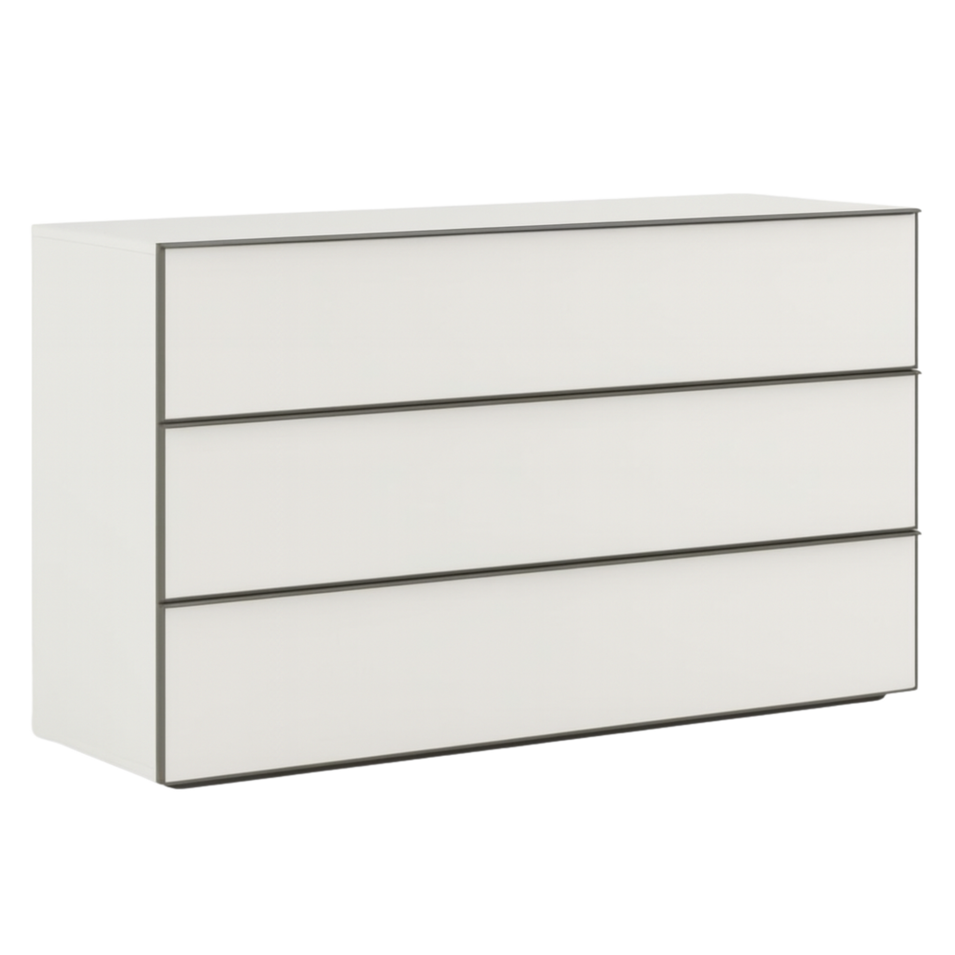 White dresser with three drawers on a white background