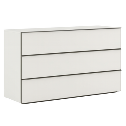 White dresser with three drawers on a white background