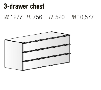 Technical drawing of a 3-drawer chest with dimensions on a white background