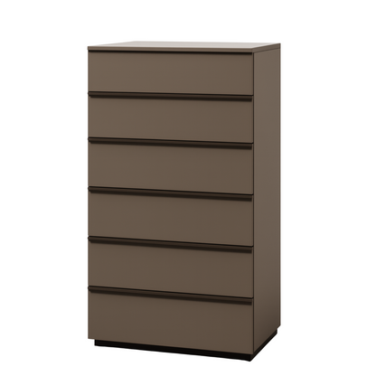 Brown dresser with five drawers on a white background