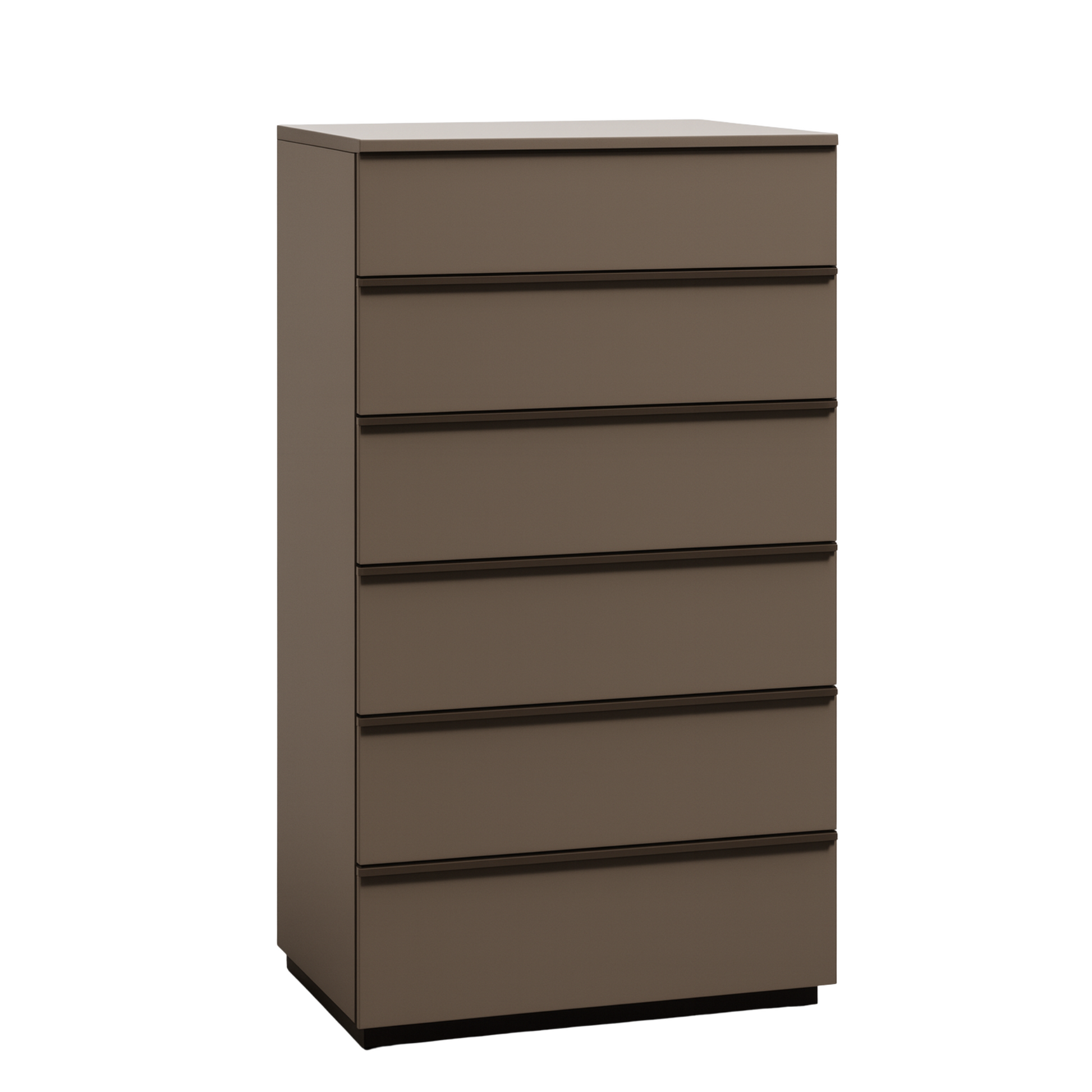 Brown dresser with five drawers on a white background