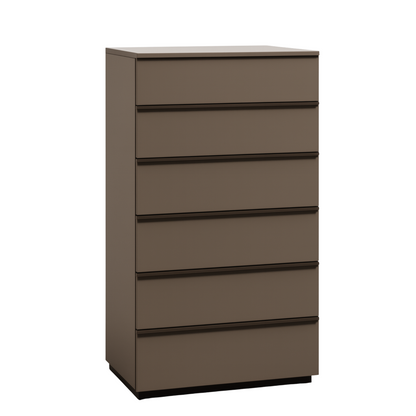 Brown dresser with five drawers on a white background