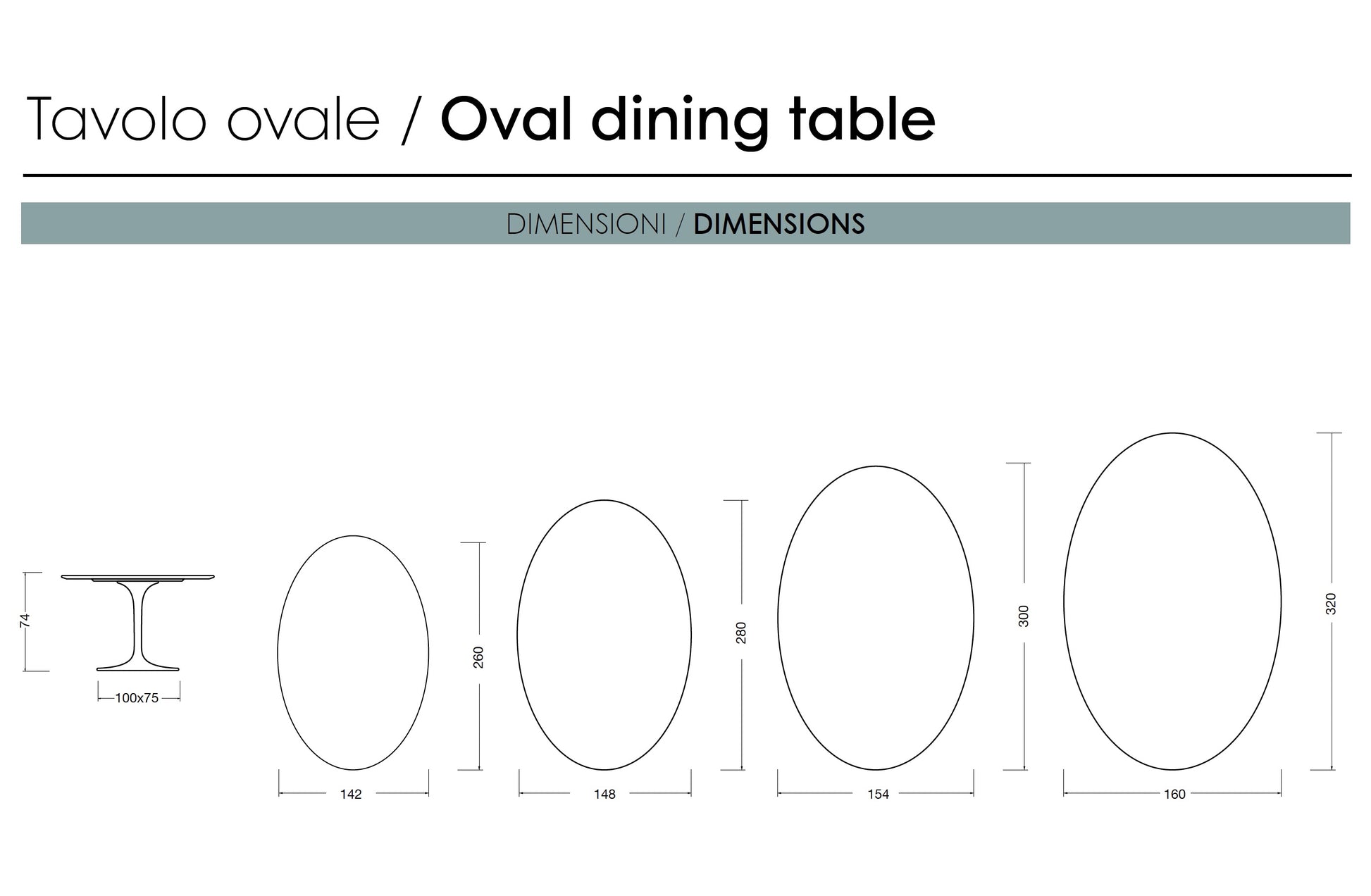 Diagram of an oval dining table with dimensions on a white background