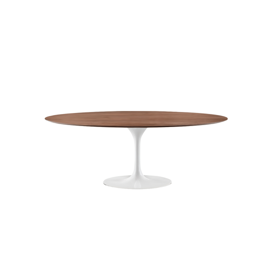 Wooden tulip dining table with white base on a white background