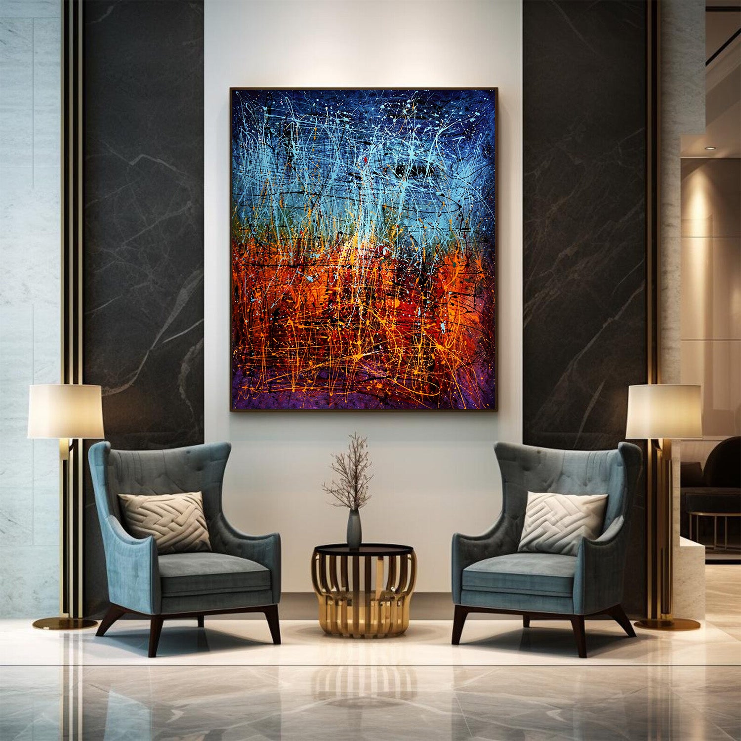 Modern living room with abstract painting, armchairs, and side tables.