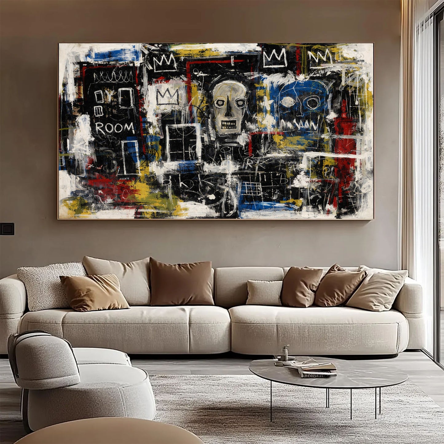 Abstract painting on a wall above a beige sofa in a modern living room.