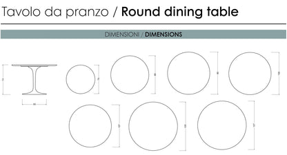 Technical drawing of round tulip dining table showing diameters 70, 80, 90, 100, 107, 120 and 127 cm with pedestal base