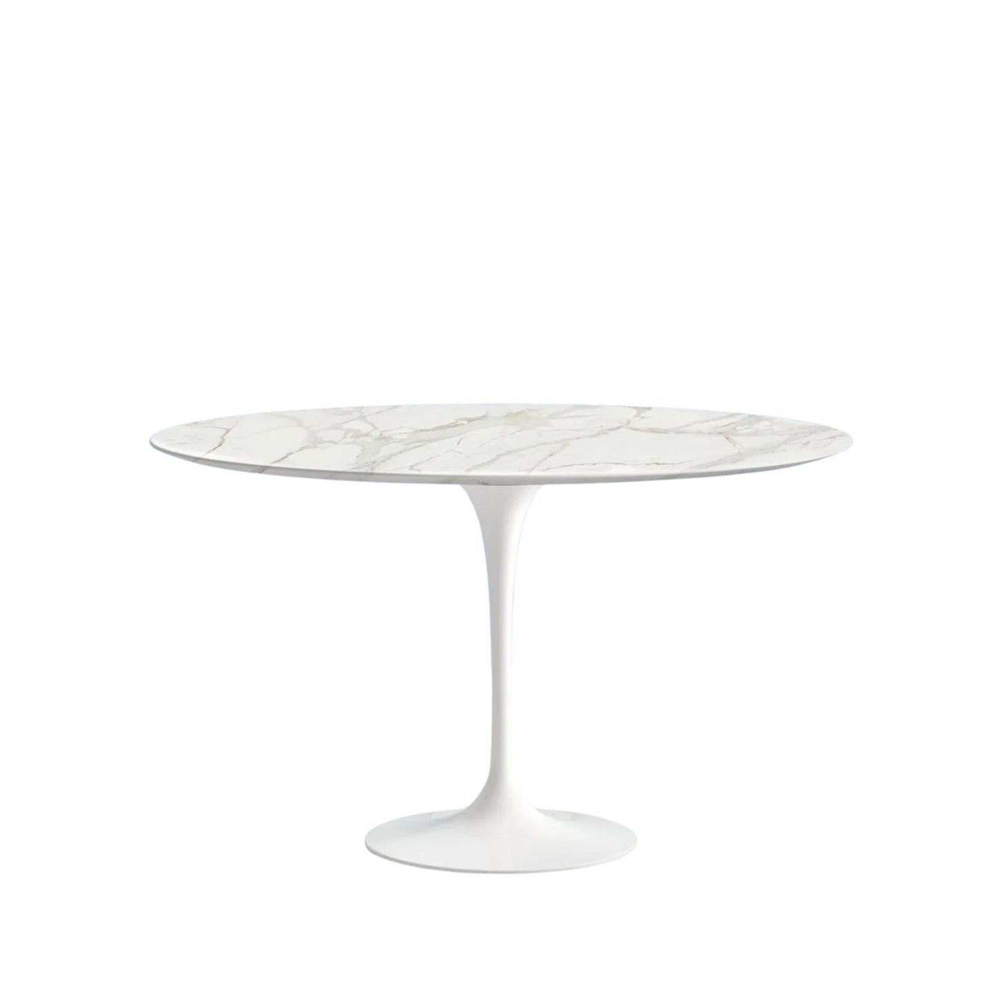 Round marble table with white pedestal base on a white background