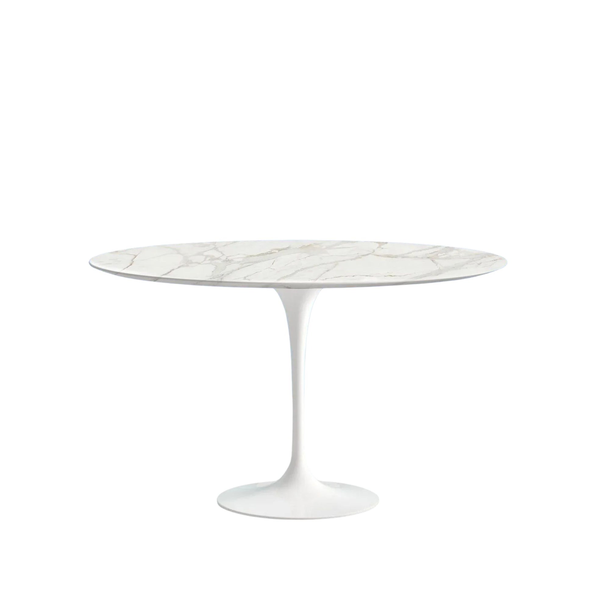 Round marble table with white pedestal base on a white background