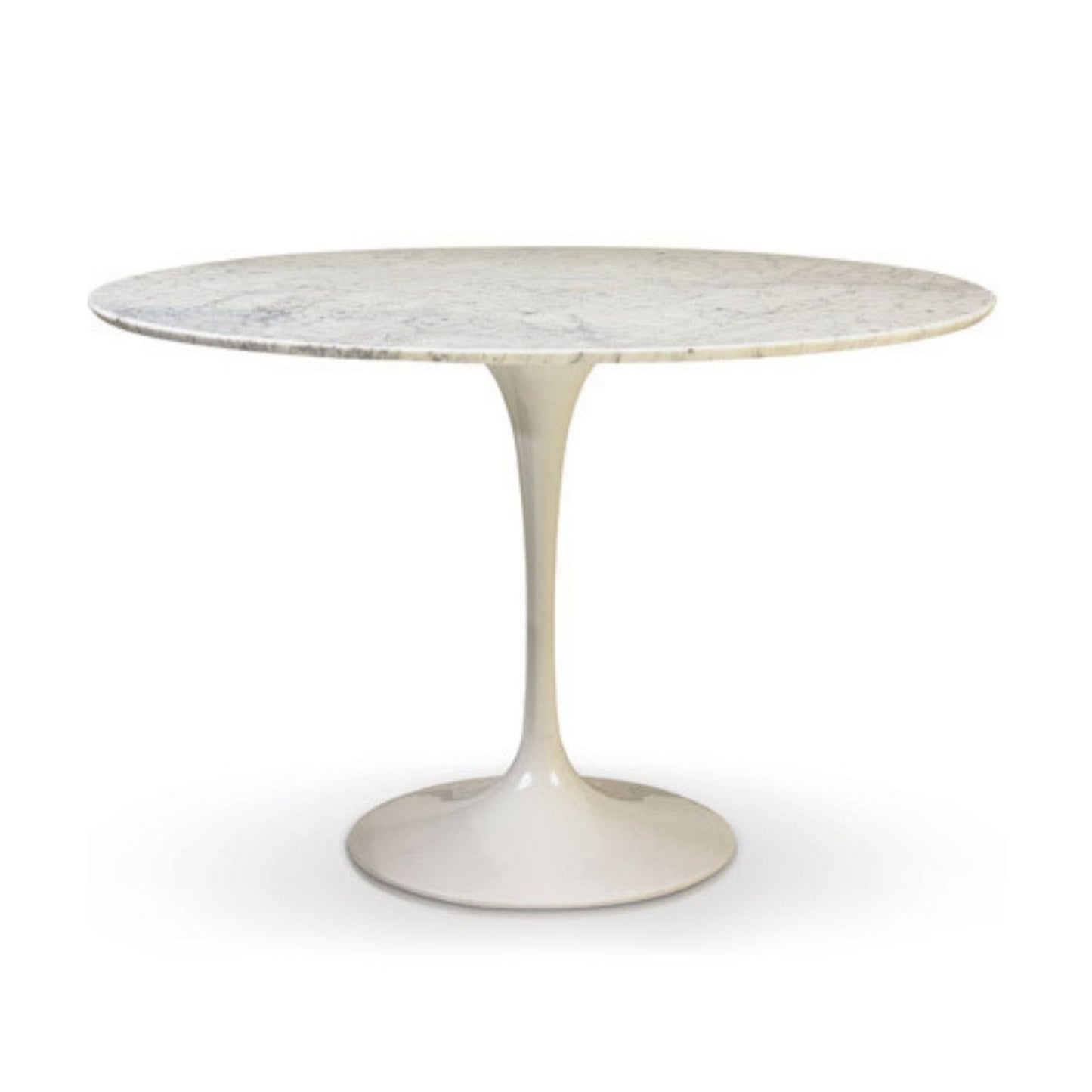 Round marble table with a white base on a white background