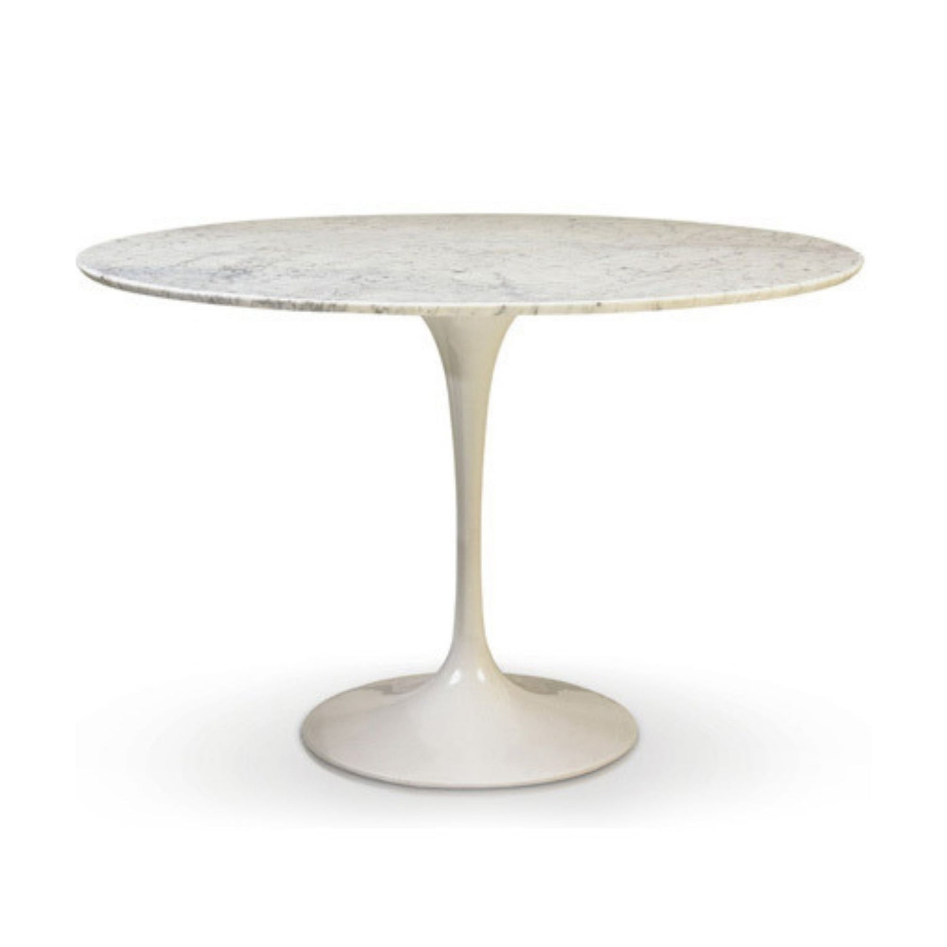 Round marble table with a white base on a white background