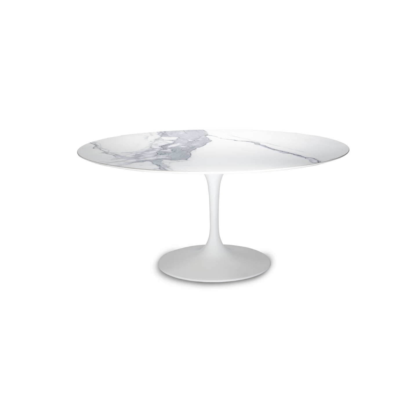 Round marble tulip dining table with a white base on a white background