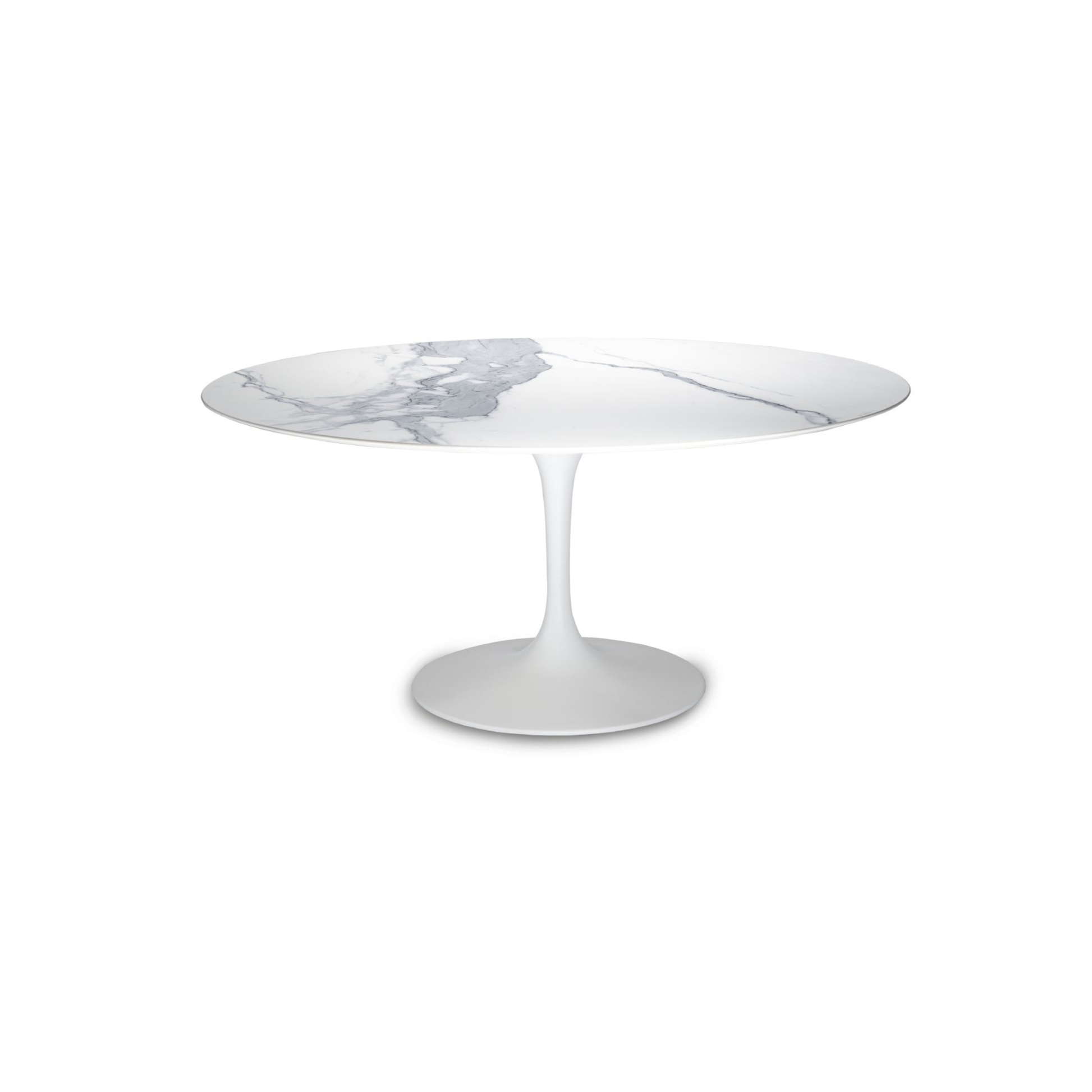 Round marble tulip dining table with a white base on a white background