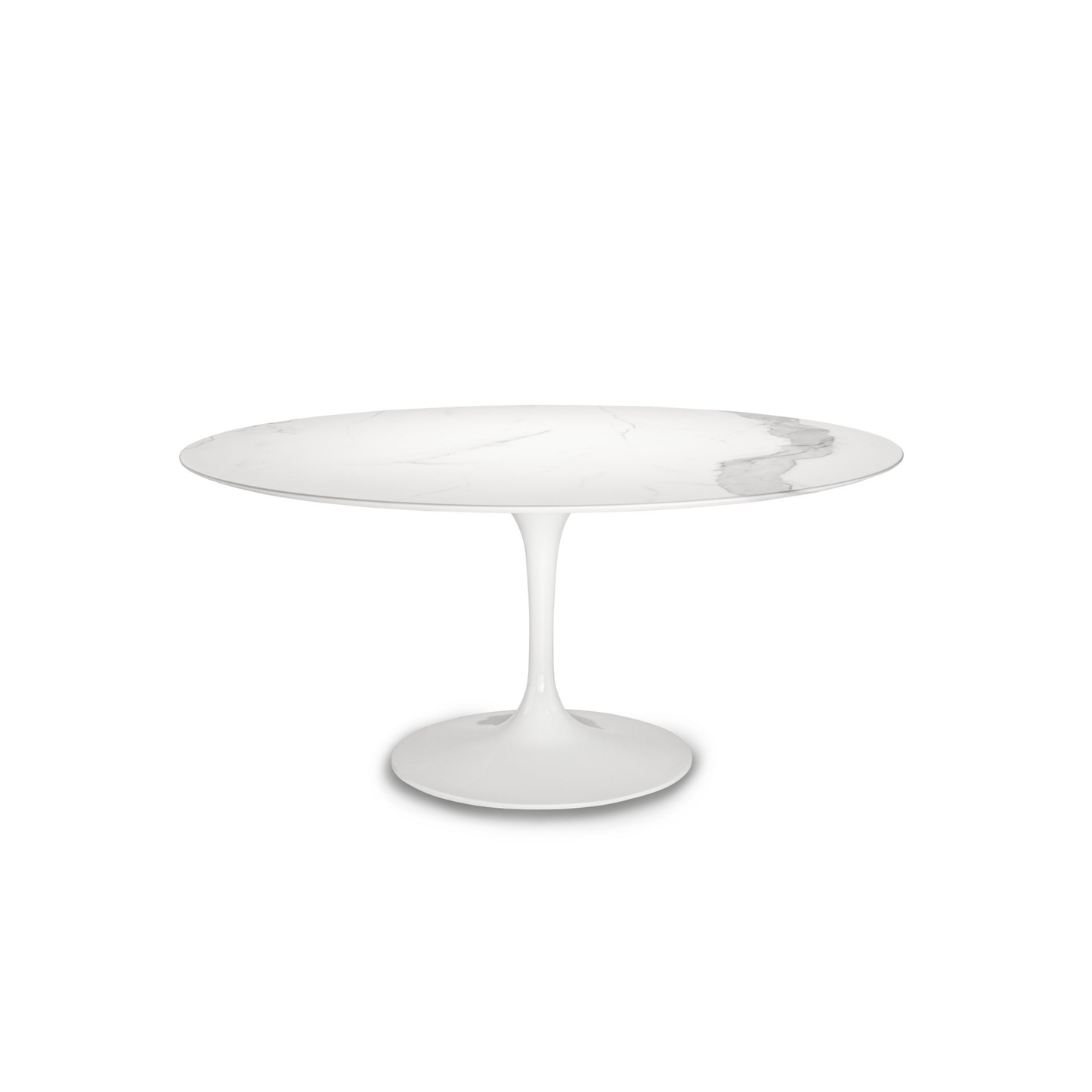 White round tulip dining table with a pedestal base on a white background