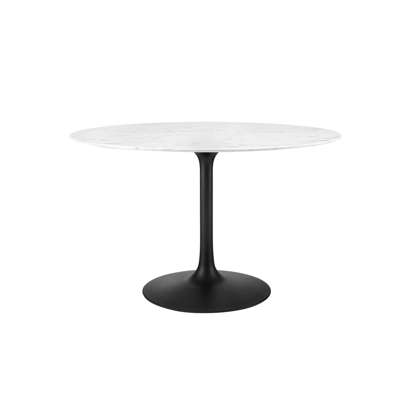 Round table with white marble top and black base on a white background
